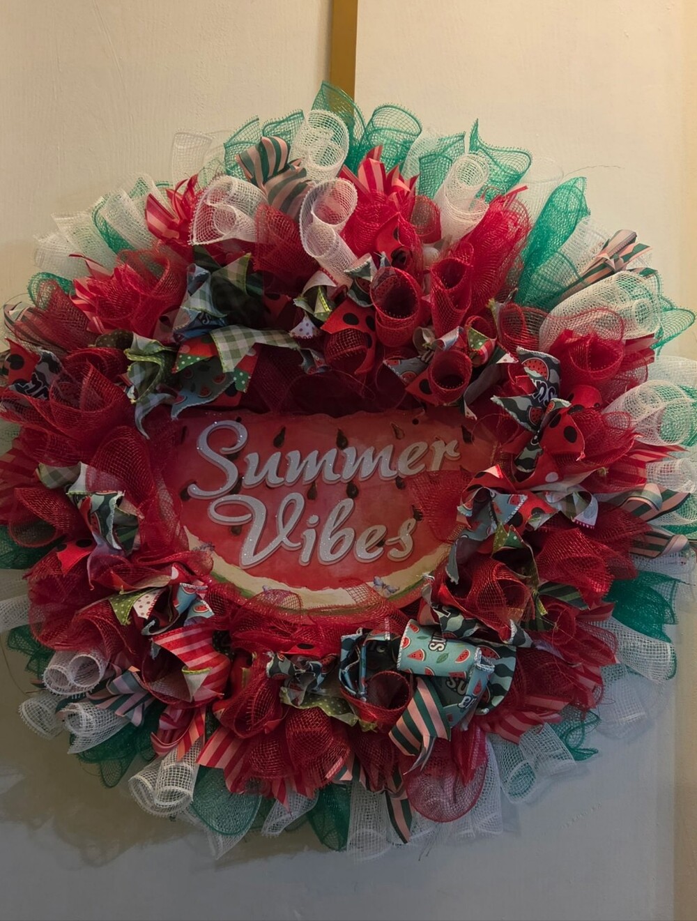 "Summer Vibes" Watermelon Mesh Wreath - Red, Green & White